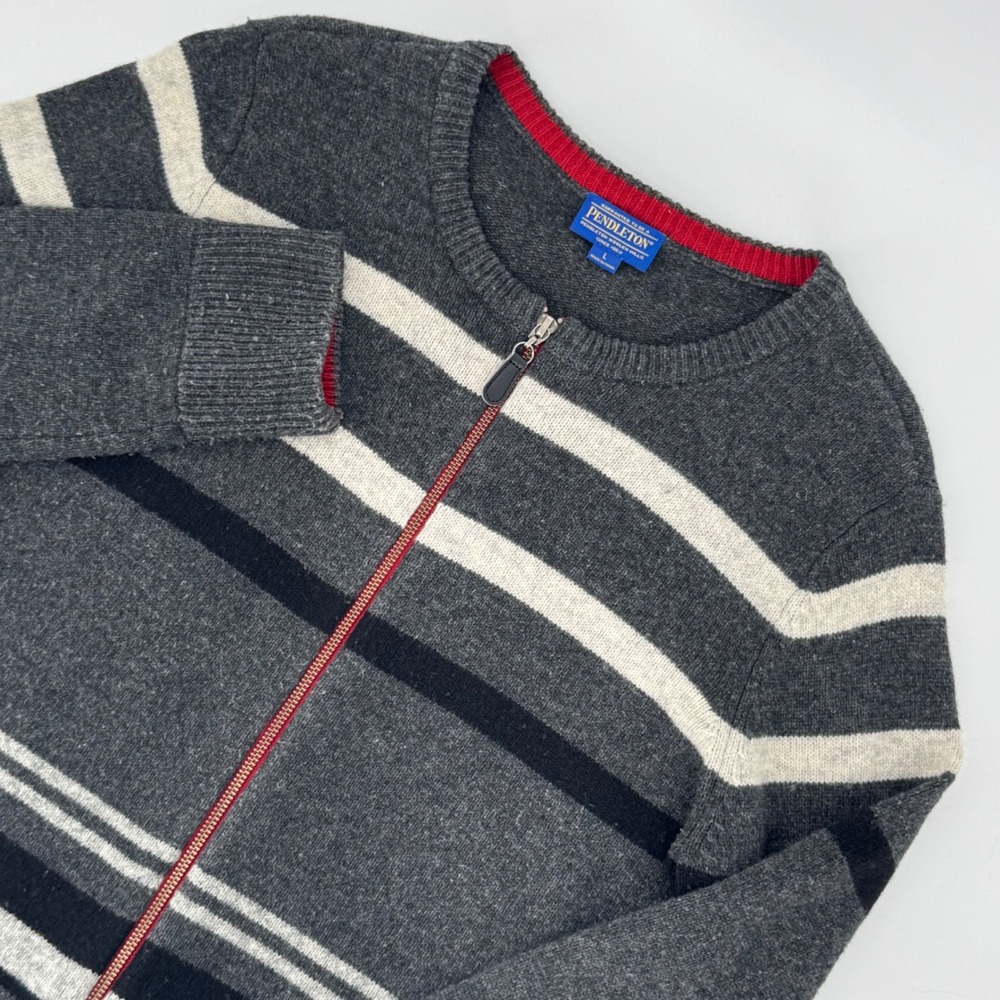 Pendleton Striped‎ Wool Zip Cardigan Sweater Gray Red Mens L